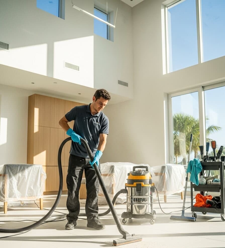 Cleaning specialist using HEPA vacuum in a Miami home